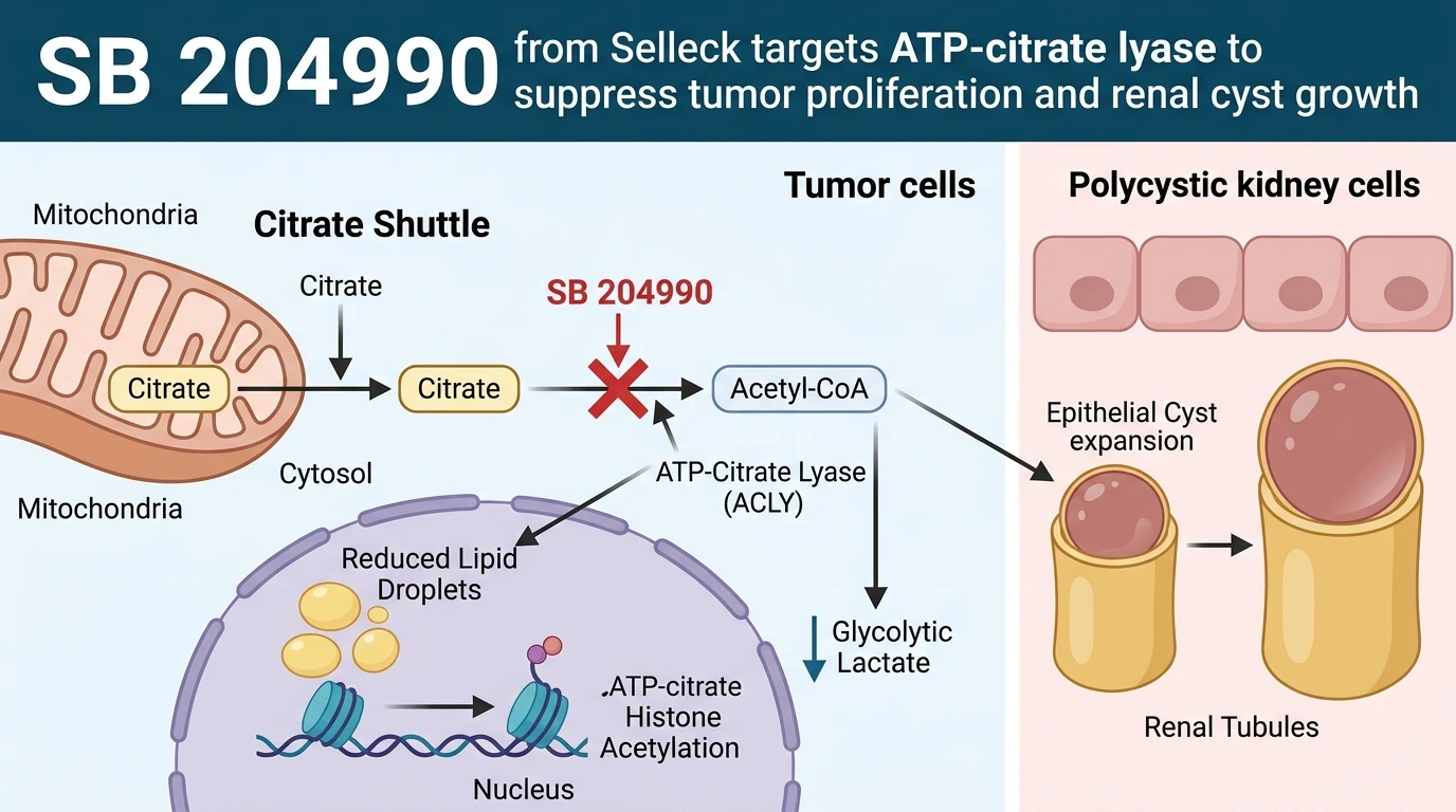 Schematic diagram of ATP-citrate lyase signaling pathway in cancer cells showing cytosolic acetyl-CoA inhibition