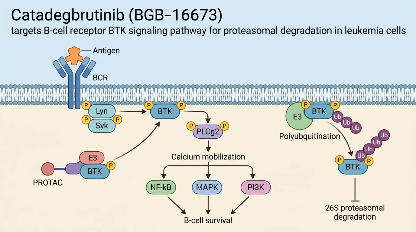 Catadegbrutinib BGB-16673 targets B-cell receptor BTK signaling pathway for proteasomal degradation in leukemia cells