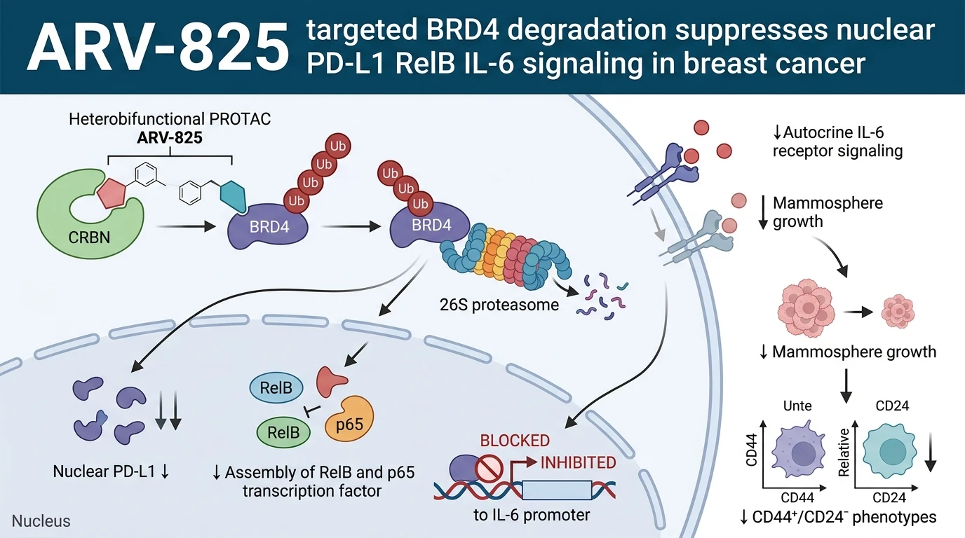 Schematic diagram of BRD4 PD-L1 RelB IL-6 signaling pathway in breast cancer stem cells