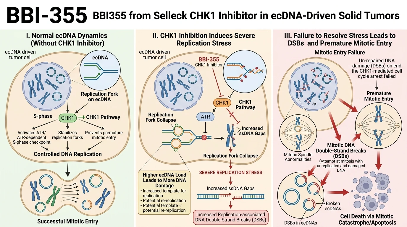 Schematic diagram of CHK1 replication stress signaling pathway in ecDNA-driven tumors undergoing pharmacological inhibition