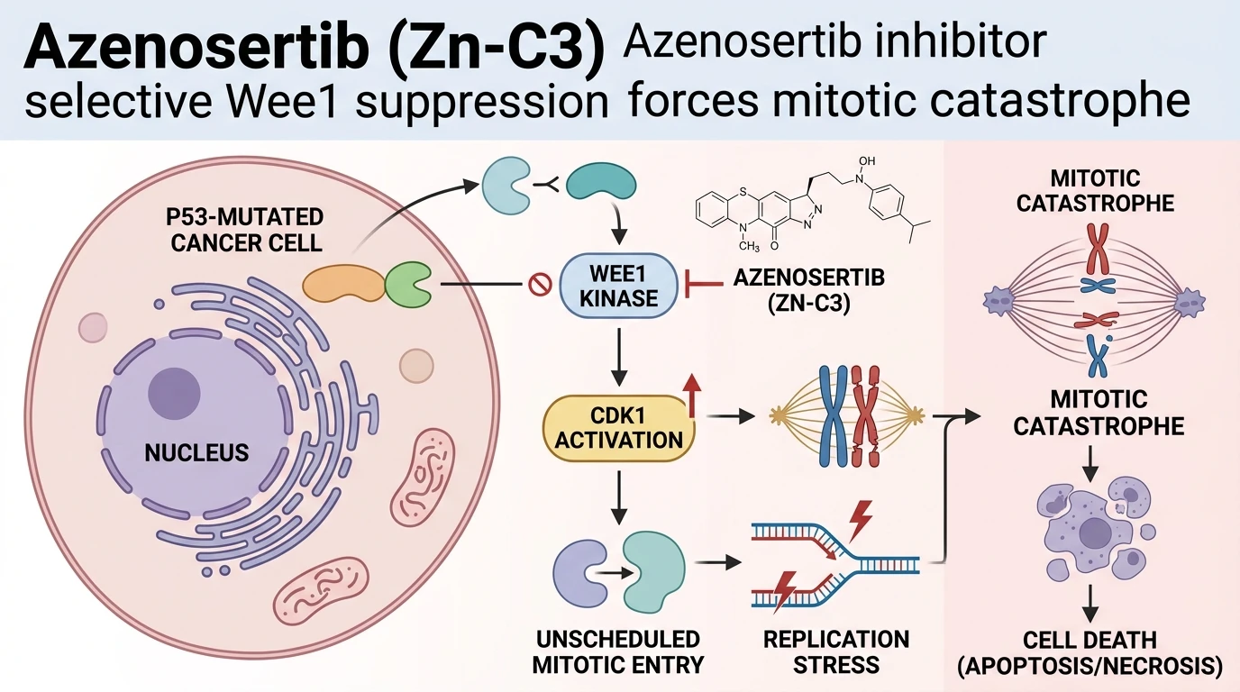 Schematic diagram of G2 M cell cycle DNA damage checkpoint pathway in cancer cells undergoing Wee1 inhibition