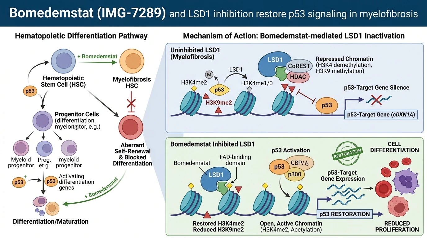Schematic diagram of LSD1 KDM1A epigenetic regulation pathway showing covalent FAD inhibition in myelofibrosis