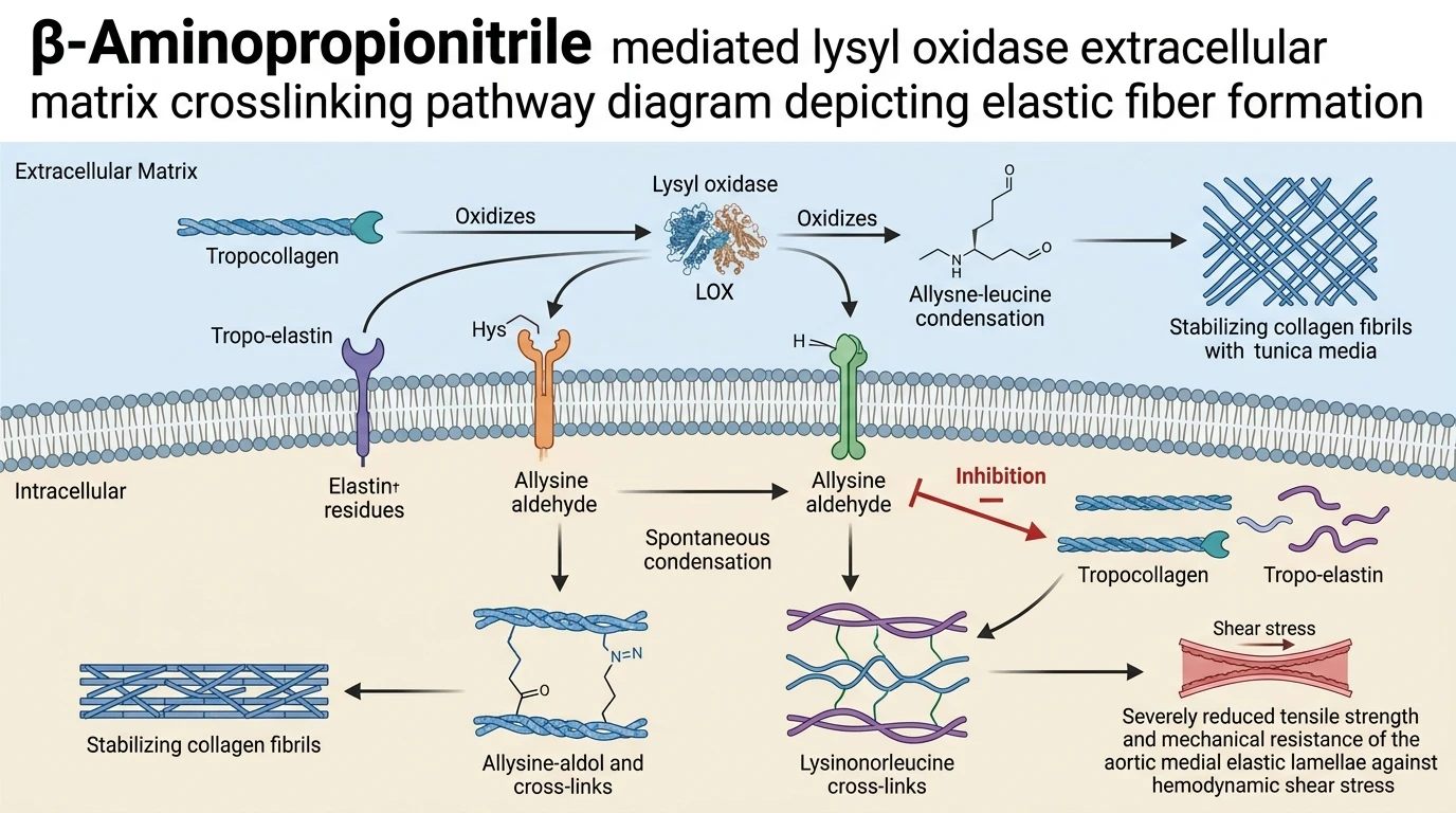 β-Aminopropionitrile mediated lysyl oxidase extracellular matrix crosslinking pathway diagram depicting elastic fiber formation