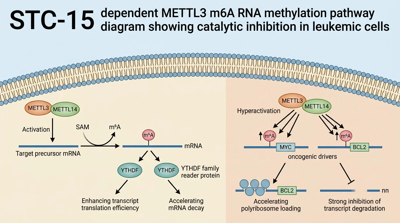 STC-15 dependent METTL3 m6A RNA methylation pathway diagram showing catalytic inhibition in leukemic cells