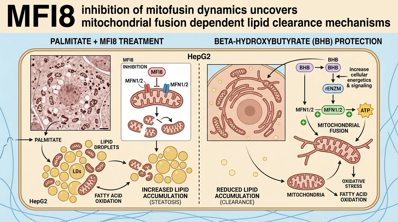 Schematic diagram of mitochondrial fusion dynamics regulation pathway in HepG2 cells showing MFI8 inhibition