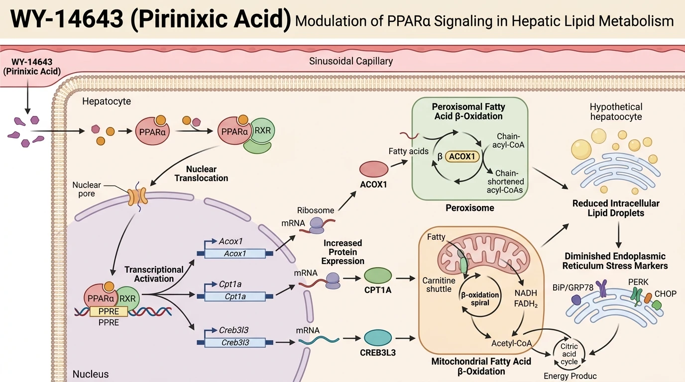 Schematic diagram of PPARα signaling pathway in hepatocytes showing target gene transactivation and fatty acid oxidation