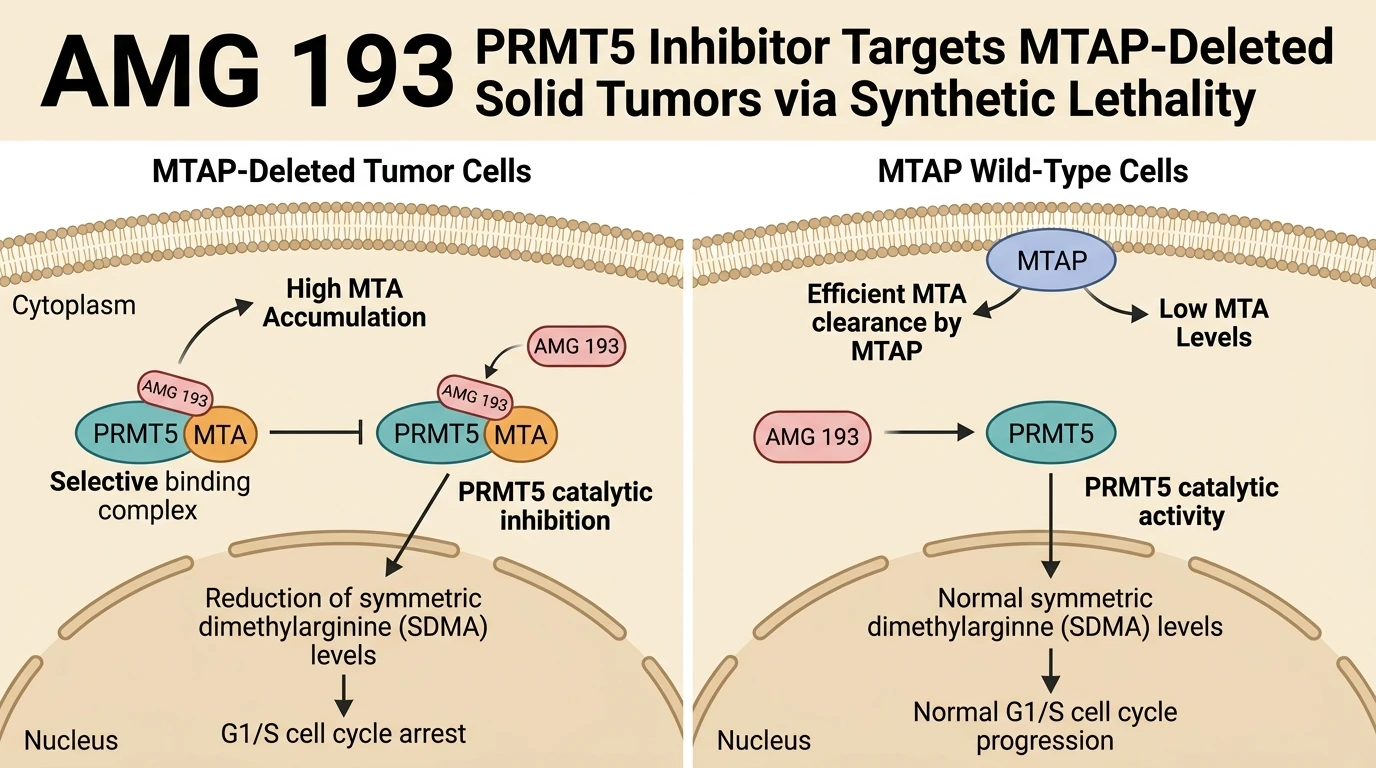 Schematic diagram of PRMT5 MTA methylation pathway demonstrating selective target engagement in cancer cells