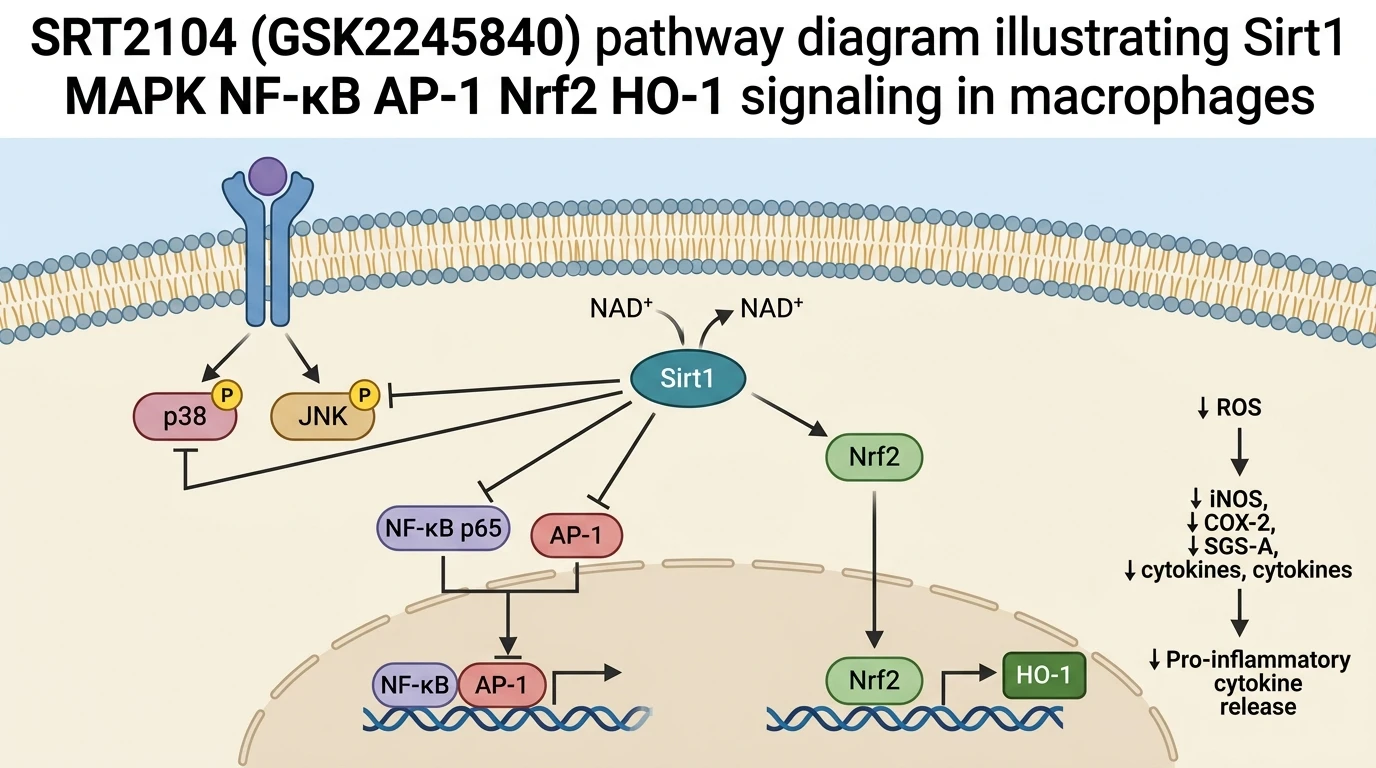 SRT2104 GSK2245840 pathway diagram illustrating Sirt1 MAPK NF-κB AP-1 Nrf2 HO-1 signaling in macrophages