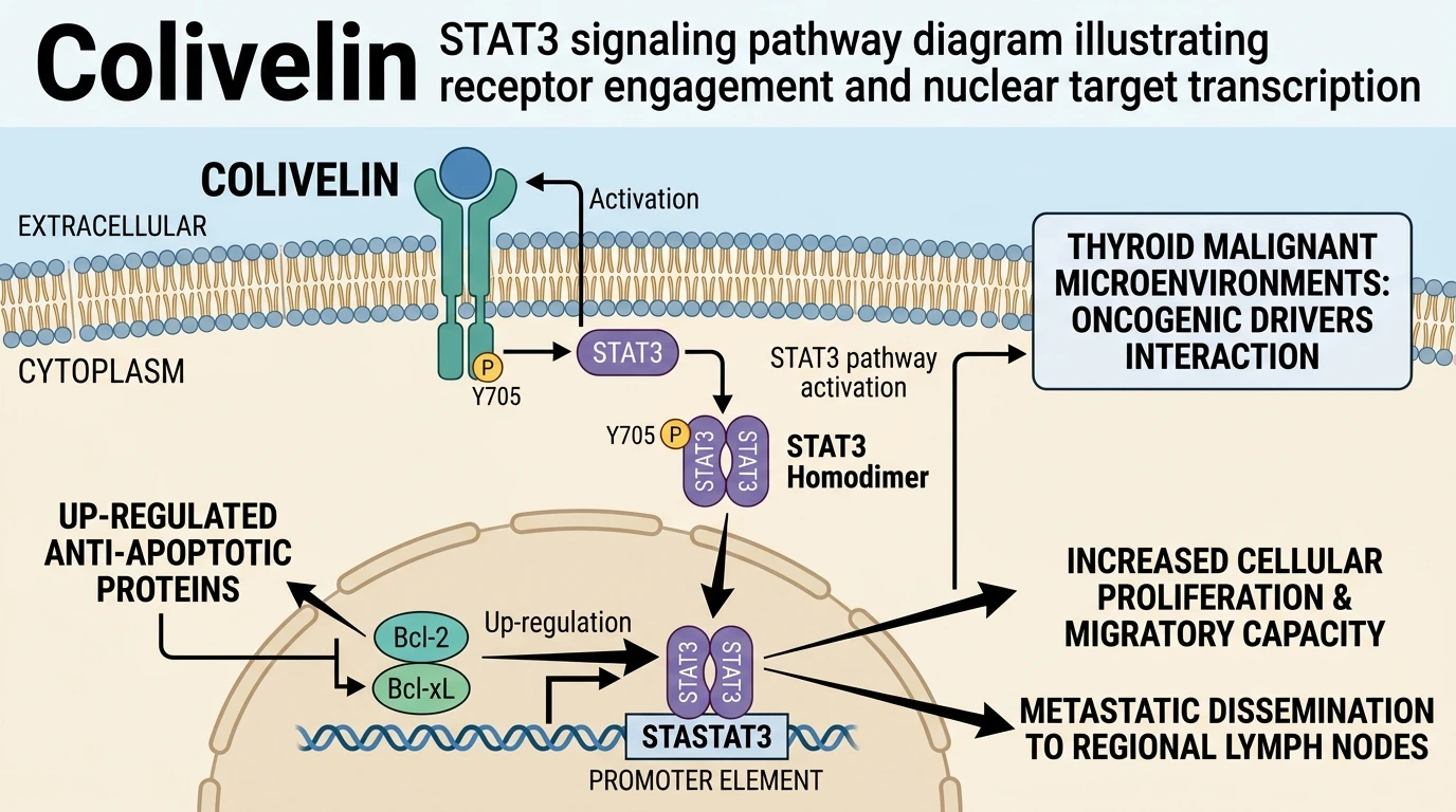 Colivelin STAT3 signaling pathway diagram illustrating receptor engagement and nuclear target transcription