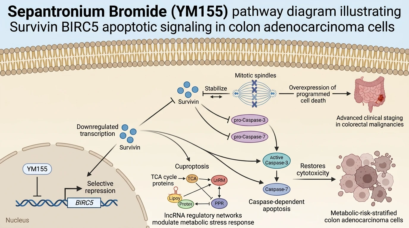Sepantronium Bromide YM155 pathway diagram illustrating Survivin BIRC5 apoptotic signaling in colon adenocarcinoma cells