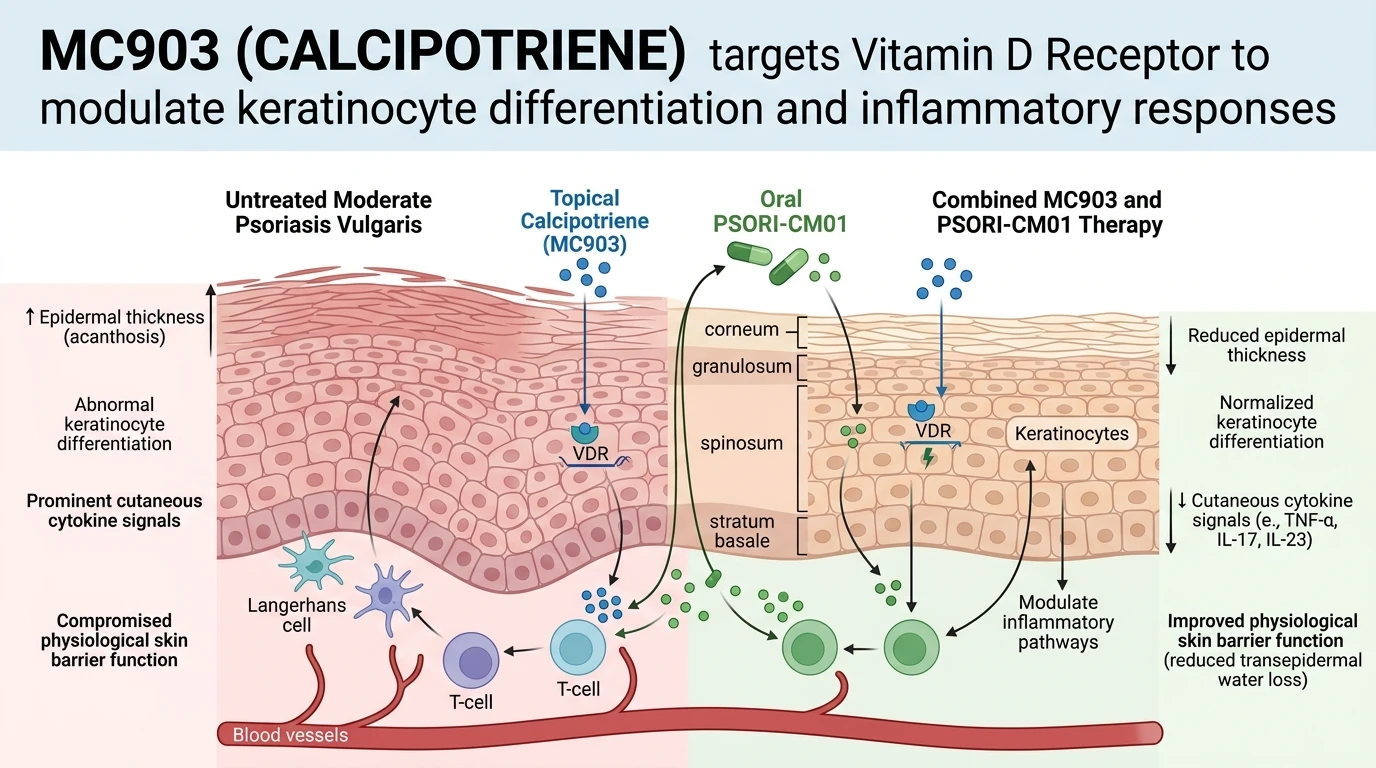 Schematic diagram of Vitamin D Receptor VDR signaling pathway mediating keratinocyte differentiation and inflammatory suppression