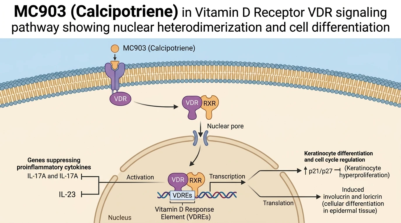 MC903 Calcipotriene in Vitamin D Receptor VDR signaling pathway showing nuclear heterodimerization and cell differentiation
